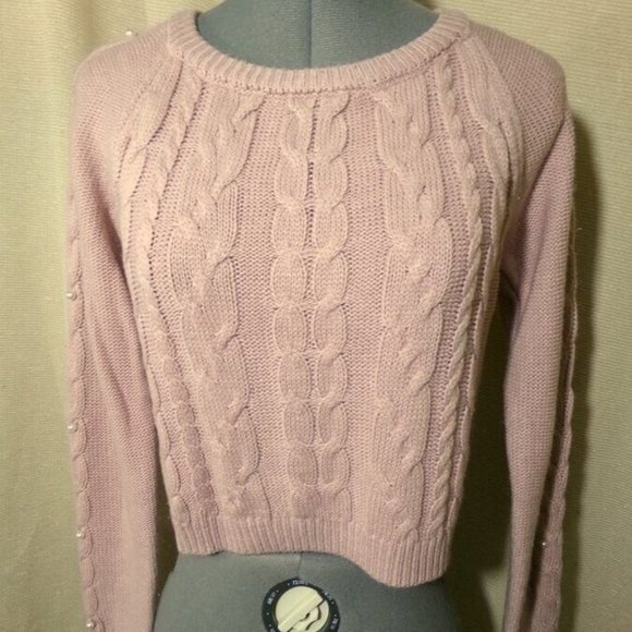FRESHMAN Cable knit Pearl Beaded Sweater Top XS Pink crop Scoop neck Long Sleev - Picture 5 of 10